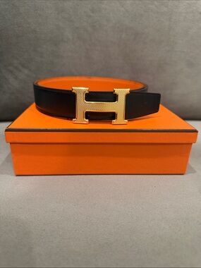 Hermes Reversible Black/Orange 32 mm Leather Belt with Gold H Buckle size 90 cm